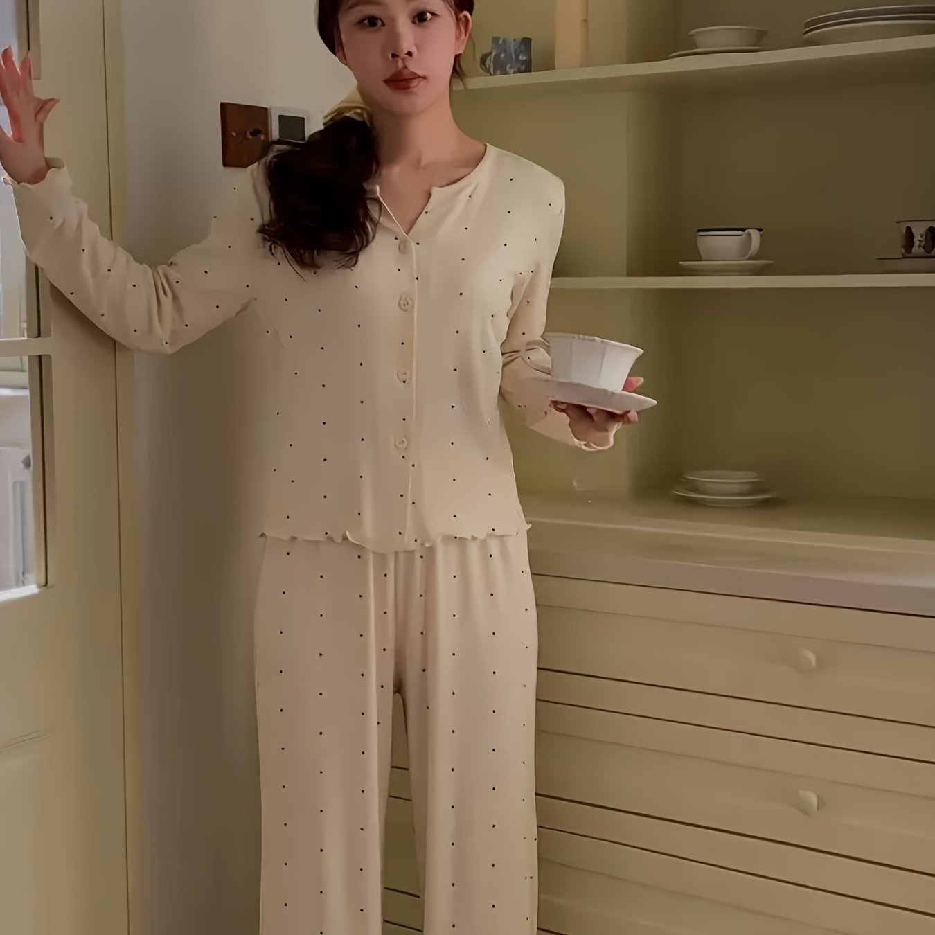 Round Neck Sweet V-Neck Cardigan Long Sleeve Pants Floral Bow Polka Dot Loose Comfortable Pajama Two-Piece Set