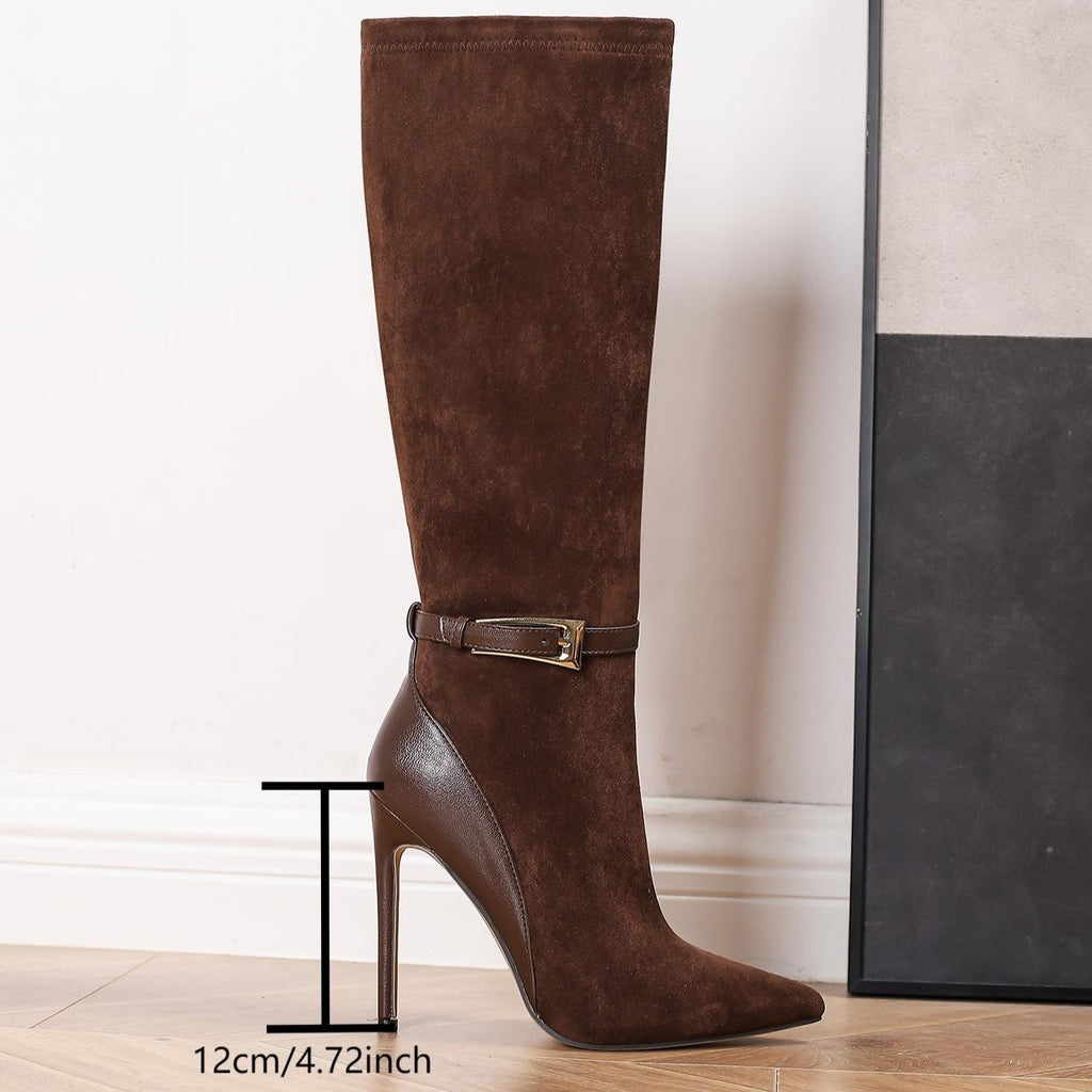 Elegant Brown Knee-High Stiletto Boots with Zipper Closure