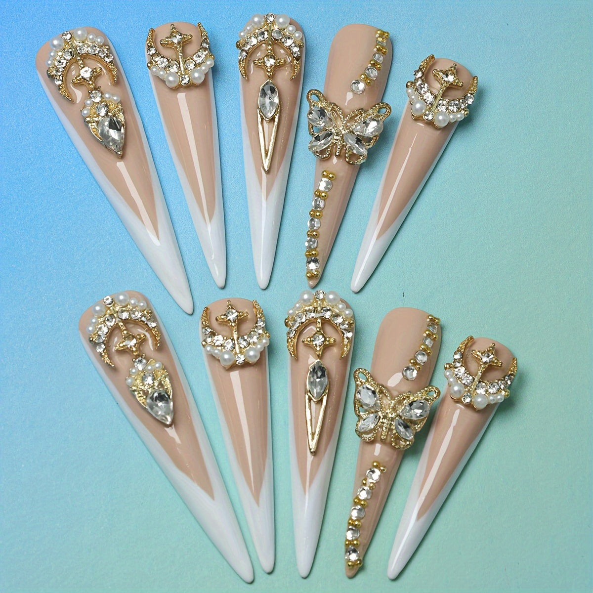 {10pcs} Handmade Extra Long French Press-On Nails with 3D Butterfly & Rhinestone Accents