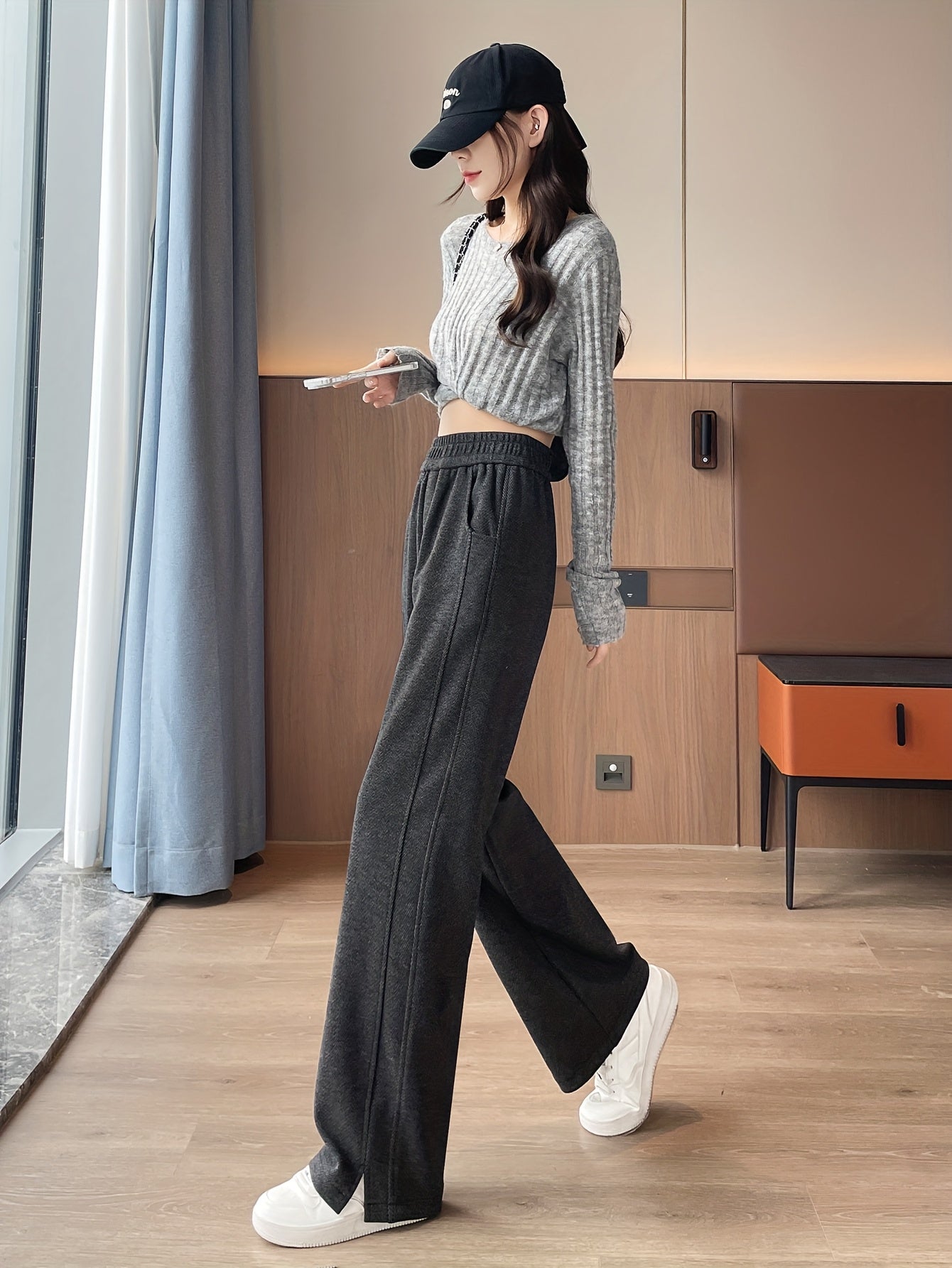 Women'S Wide-Leg Pants - Elegant Houndstooth Pattern, Elastic Waistband & Split Hem, Long Trousers for Fall/Winter, Office, Party, Everyday Outfits - Non-see-through Formal & Casual Pants, Party Attire, Geometric Pattern, Sty