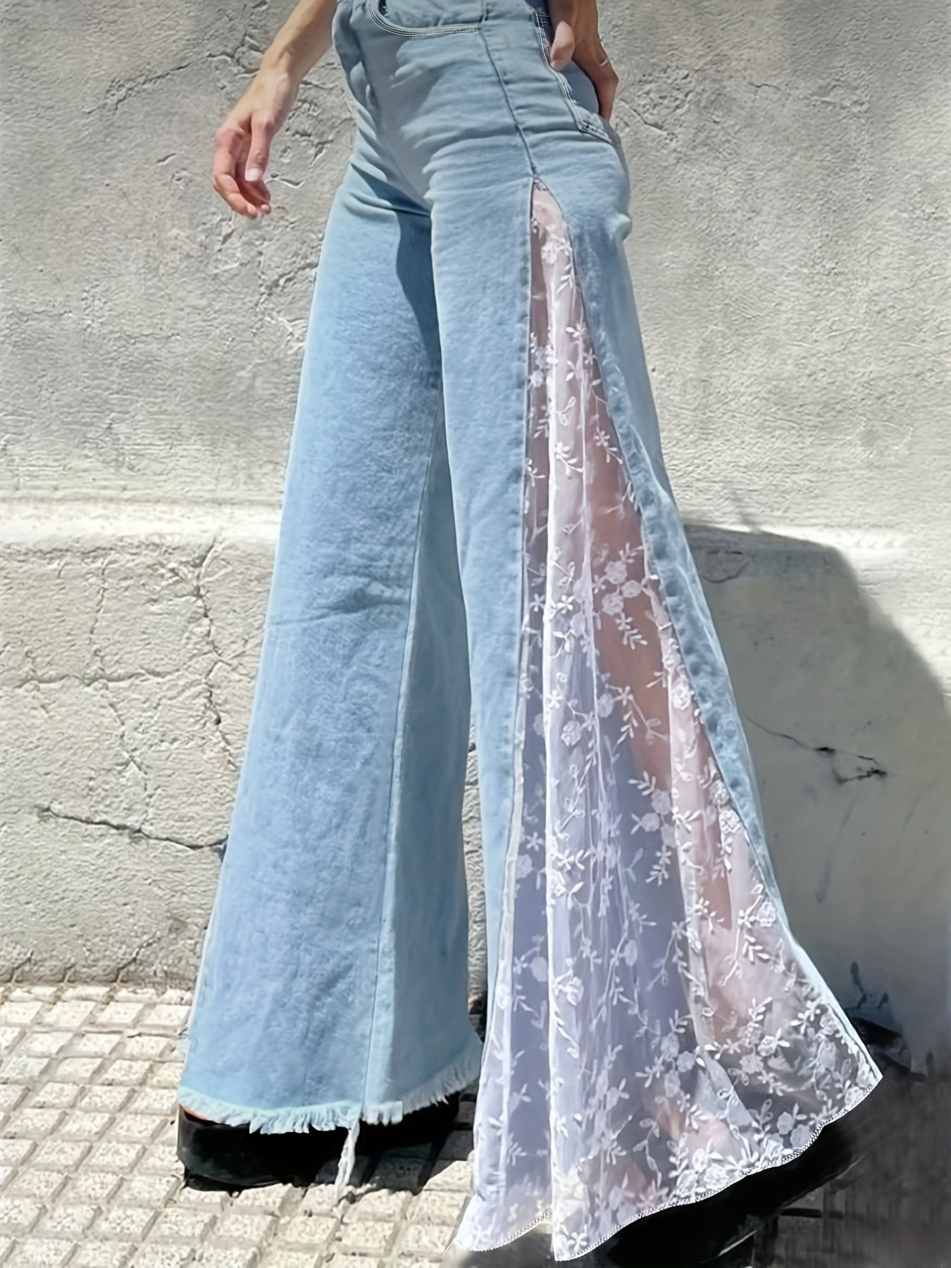 Denim Flared Trousers with Lace Stitching