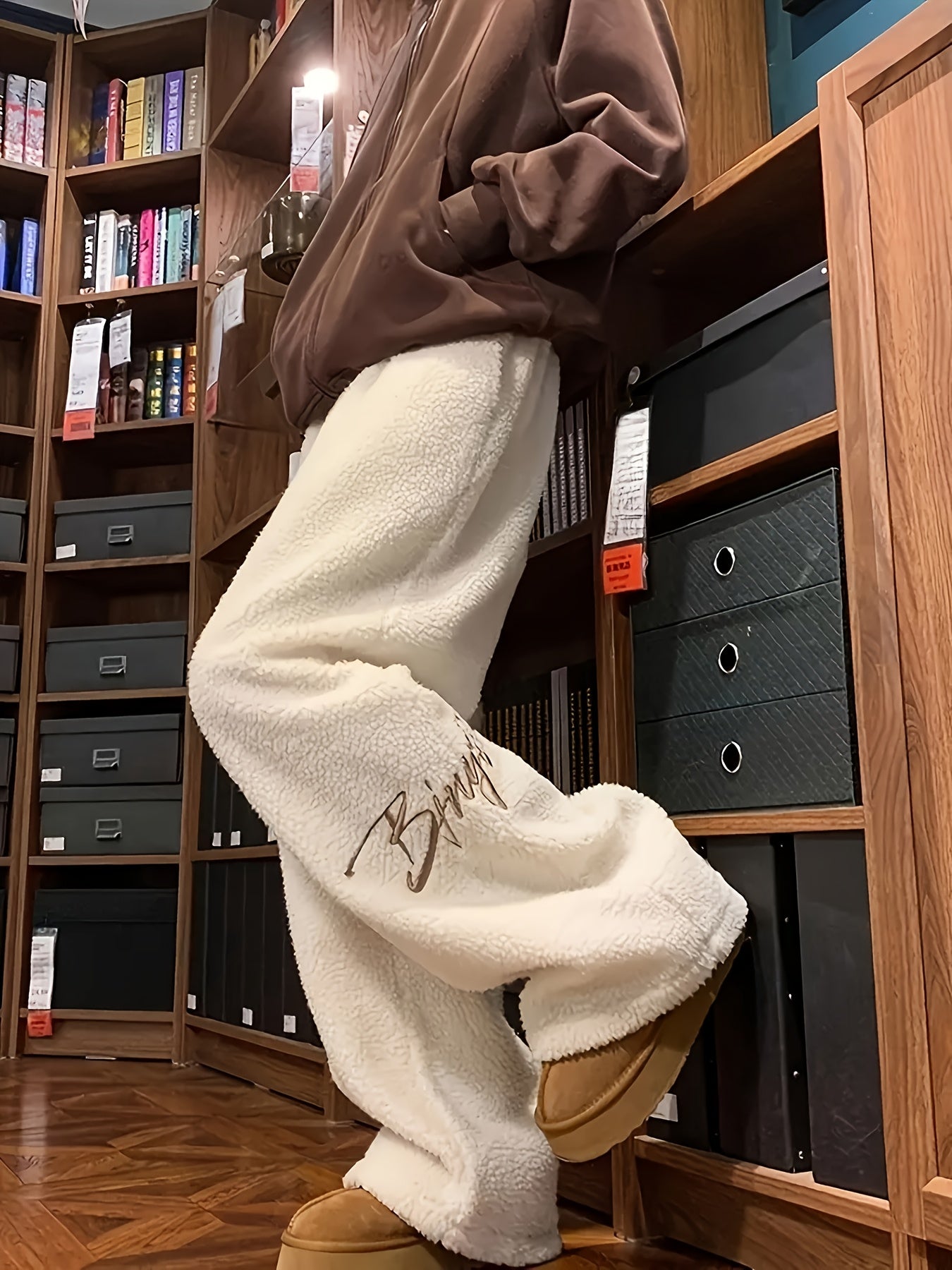 Fleece-Lined Embroidered Casual Pants