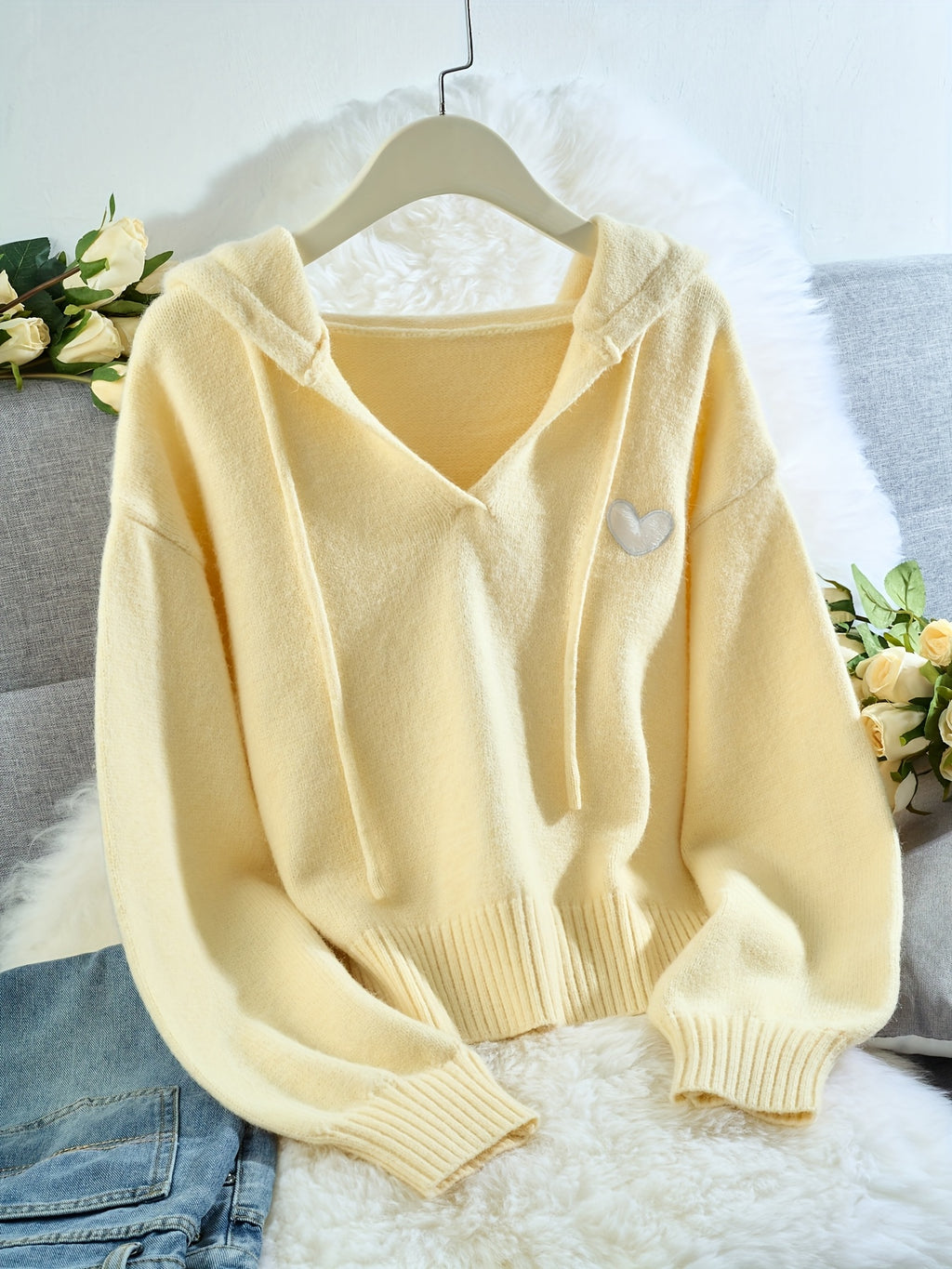 Women's Mustard Yellow Sweater - Elegant Hooded Pullover Sweater with Drawstring Hood, Soft Longline Top for Fall/Winter, Casual Chic Outfits (Non-Transparent Fabric), Cozy Autumn Apparel, Relaxed Fit, Medium Elasticity