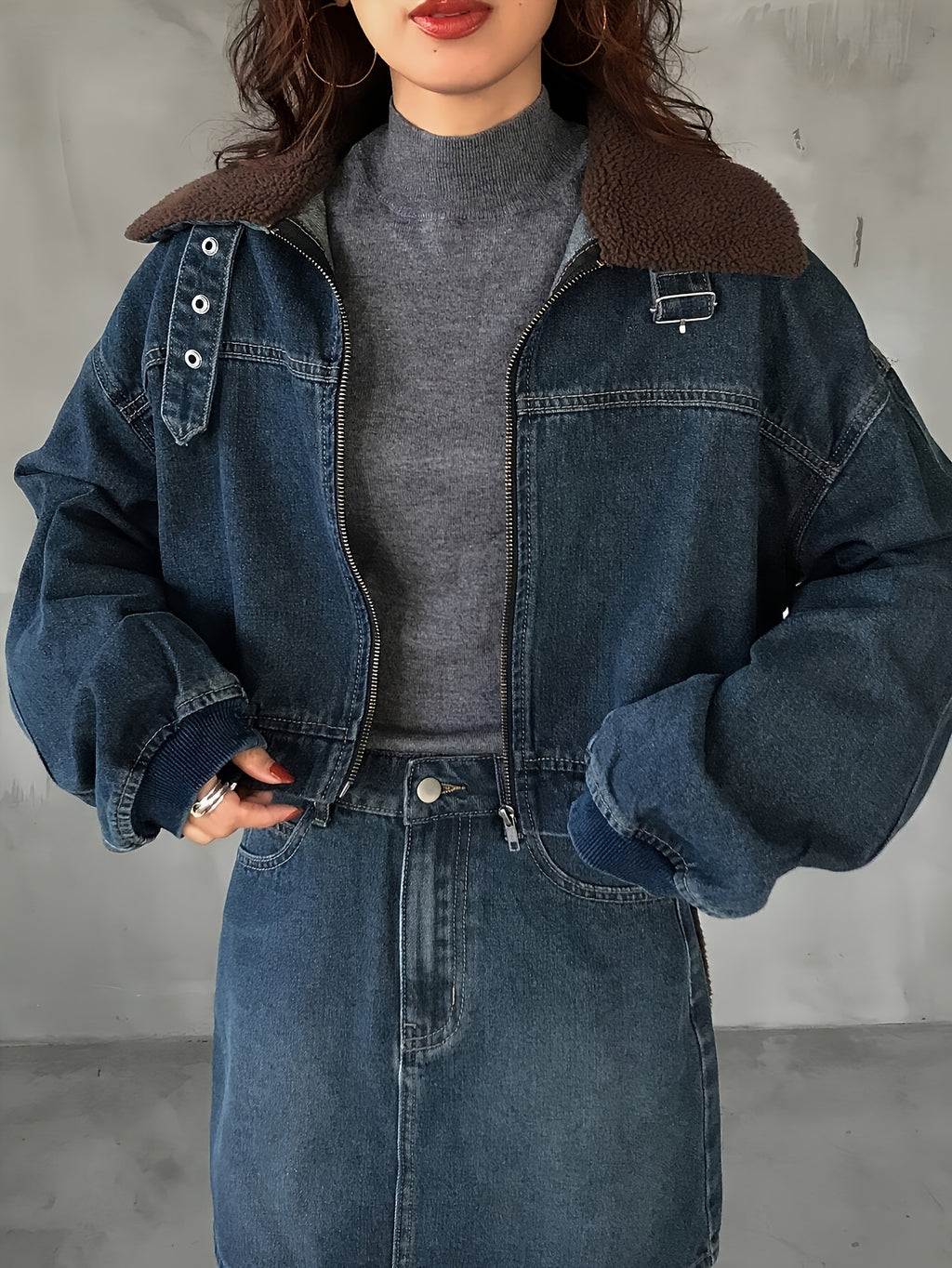 Denim Jacket with Teddy Fleece Collar & Lapel