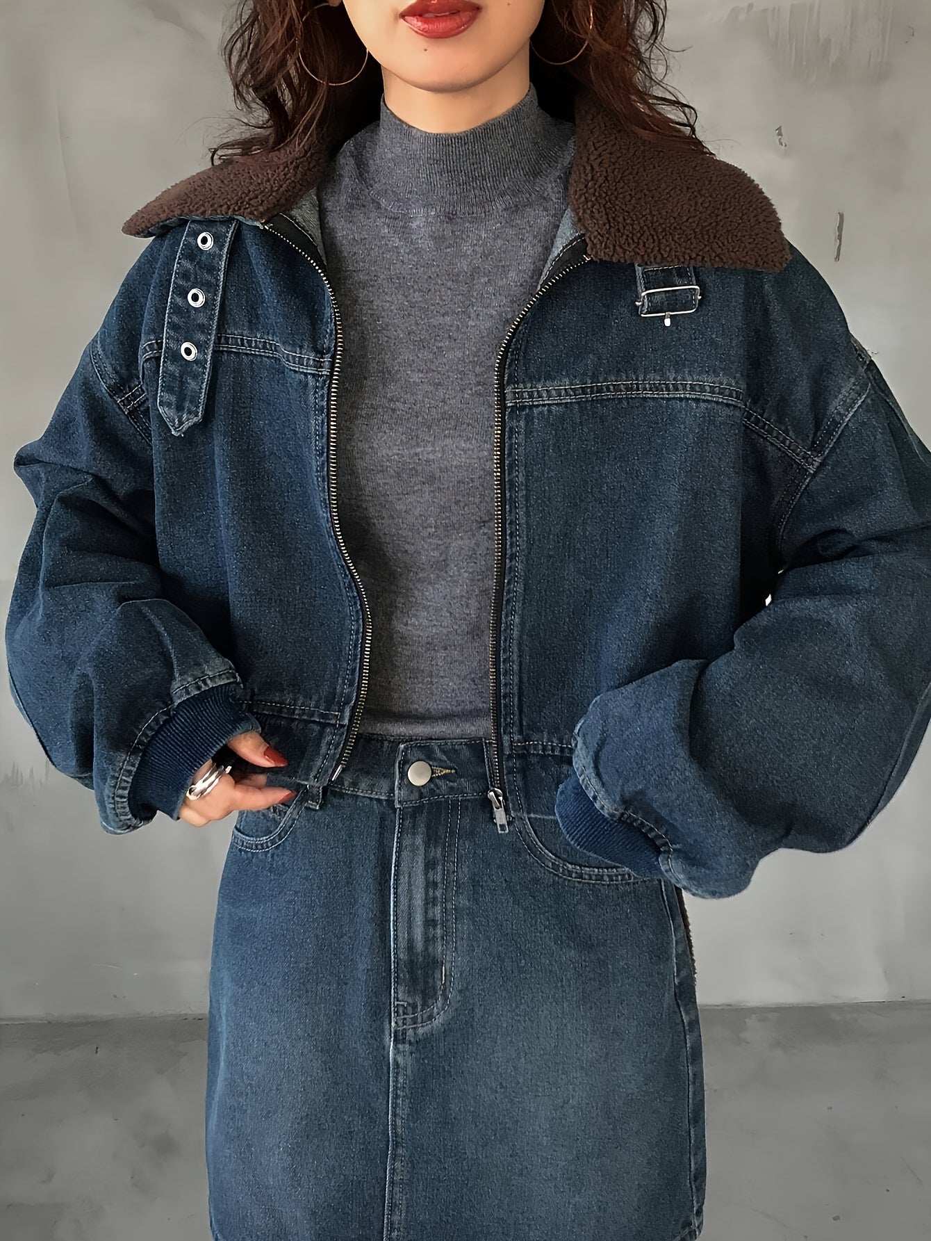 Denim Jacket with Teddy Fleece Collar & Lapel
