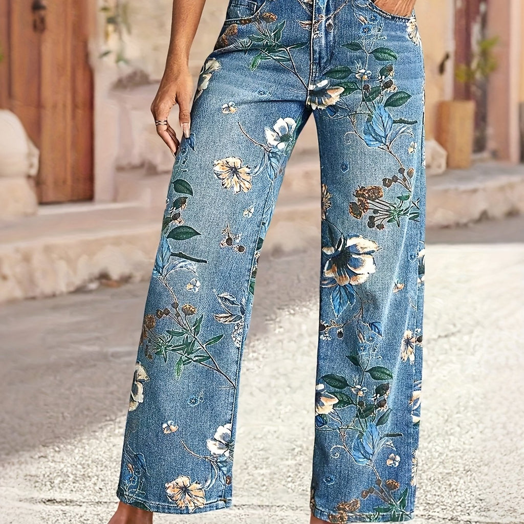 Women'S Large-sized Stretch Retro High-waisted Denim Pants With Bright Floral Print - Casual Retro Street Pants, Machine-washable Denim, Side Pockets