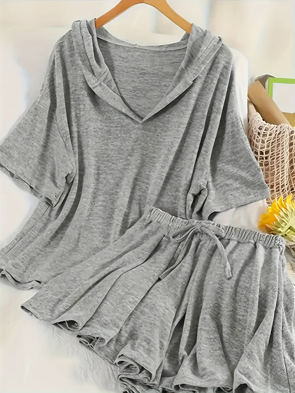 Casual Solid Color Hoodie Sweatshirt and Drawstring Shorts Set