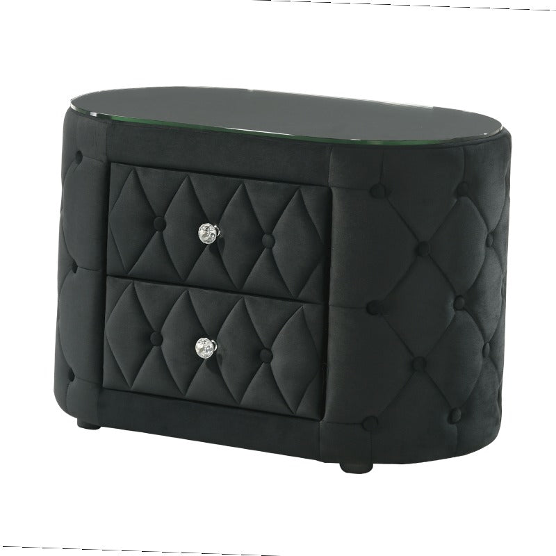 1pc Luxurious Oval Nightstand with Plush Upholstery, 8mm Tempered Glass Top & Two Storage Drawers - Elegant Black Finish, Rounded Sides & Sparkling Knobs - Modern Bedside Furniture with Tufted-Like Headboard Design, No Assemb