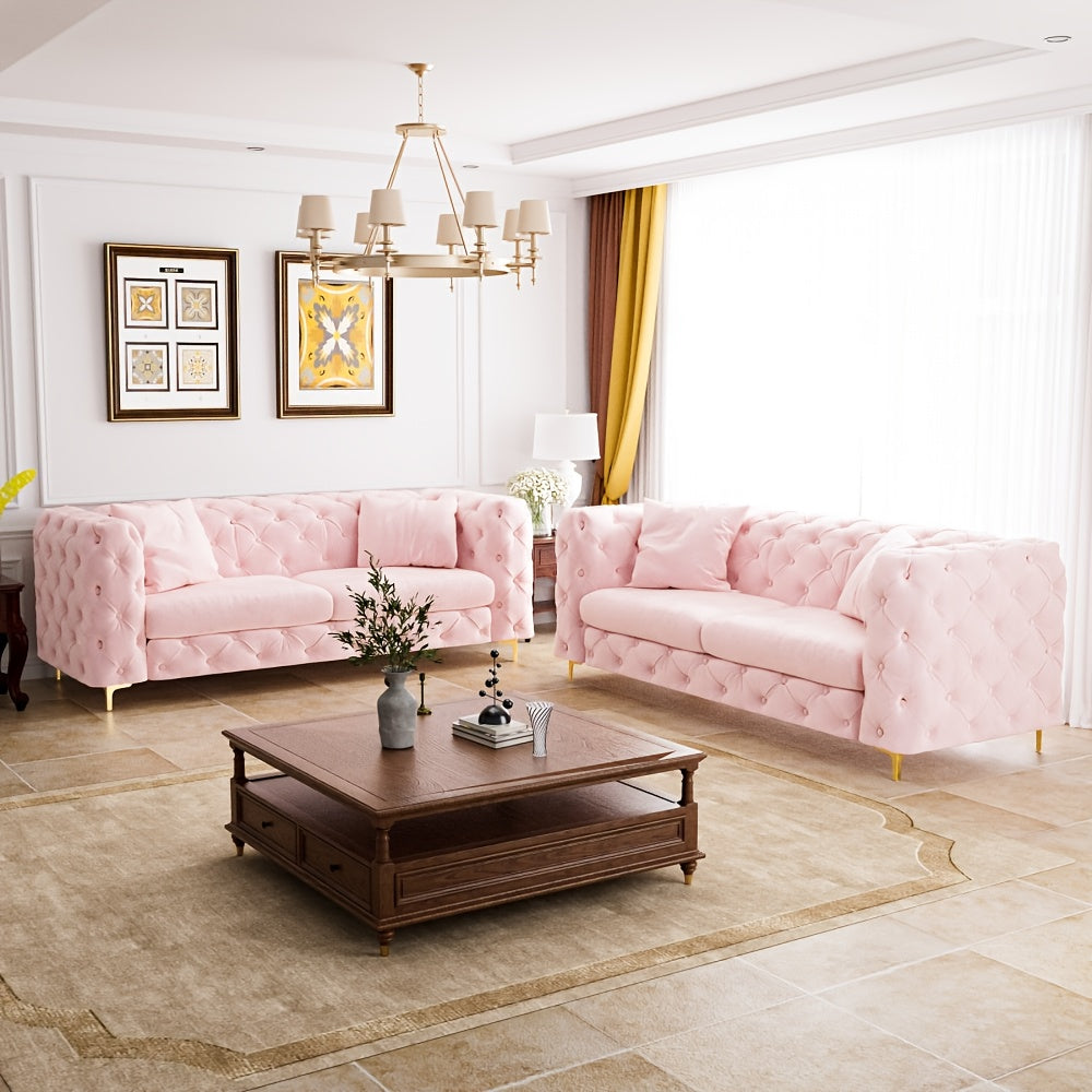 Mid-Century Modern Pink Velvet Tufted Button Sofa with Plush Cushions & Golden Metal Legs