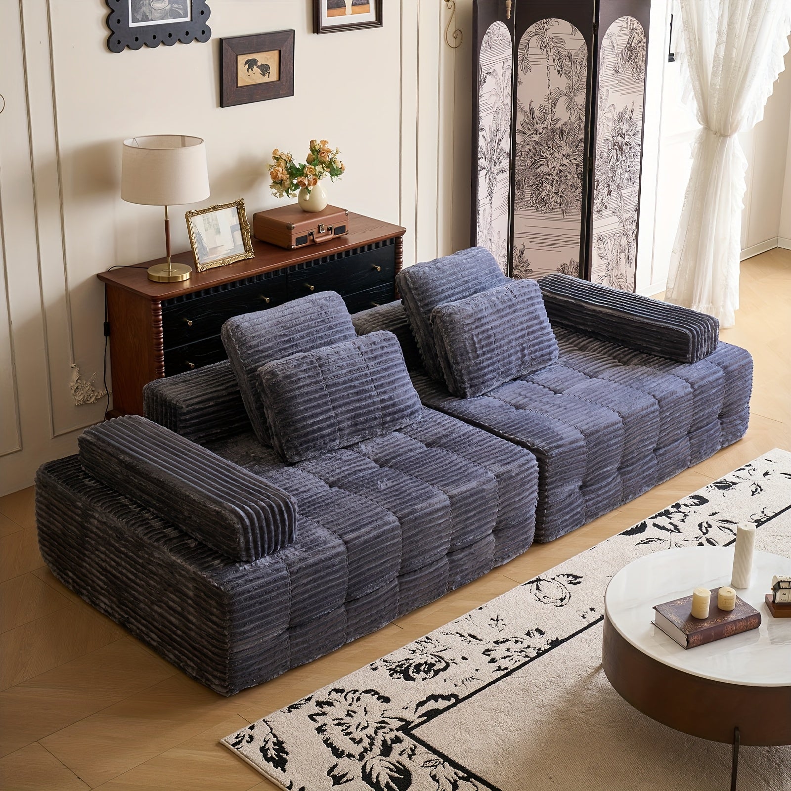 110.24-inch Modular Combination Sofa, U-shaped Living Room Sofa, Striped Fabric Four-seater Soft Cushion Sofa for Living Room And Bedroom (corduroy), No Need to Disassemble (black, Gray)