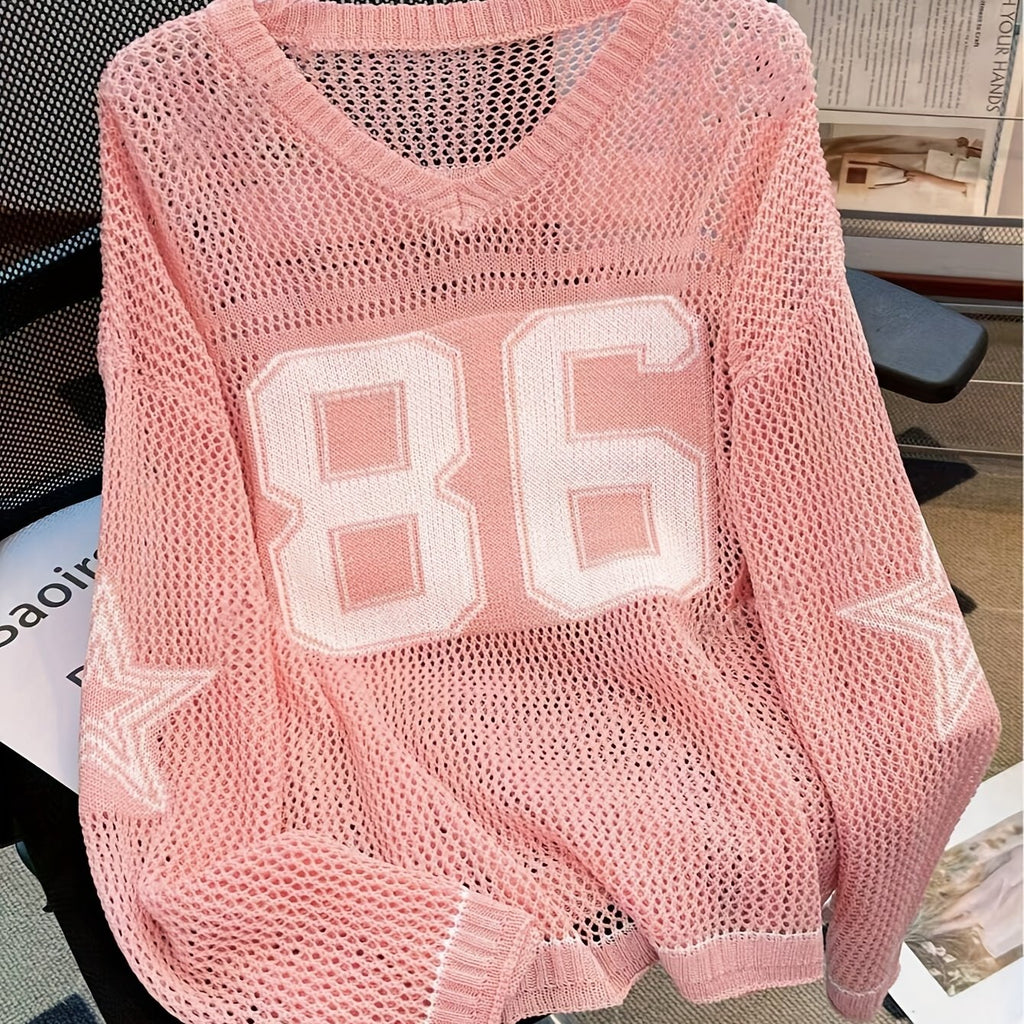 Women's Y2K Top - V-Neck Long Sleeve Mesh Blouse with 86 & Star Cut-Out Design, Breathable Black/White Contrast for Spring/Summer Casual Outfits, Cute Blouse, Versatile Clothing, Contrast Color Design