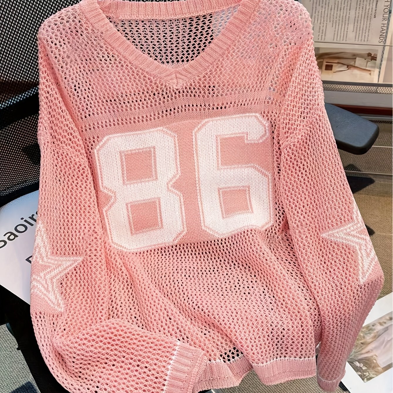 Women's Y2K Top - V-Neck Long Sleeve Mesh Blouse with 86 & Star Cut-Out Design, Breathable Black/White Contrast for Spring/Summer Casual Outfits, Cute Blouse, Versatile Clothing, Contrast Color Design