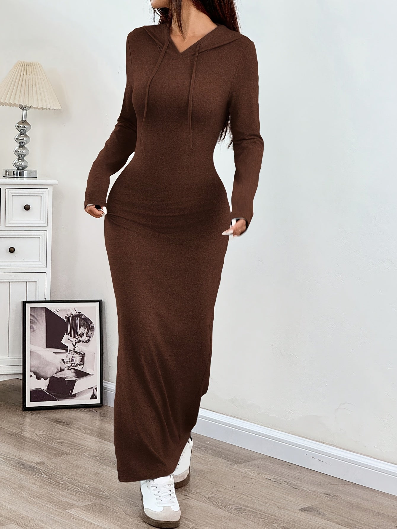 Women'S Stylish Long-Sleeve Hooded Maxi Dress - Casual Spring/Autumn Split-Hem Bodycon Dress in Solid Color, Grey, with Detachable Shoulder Straps and Kangaroo Pocket, Cute Dresses