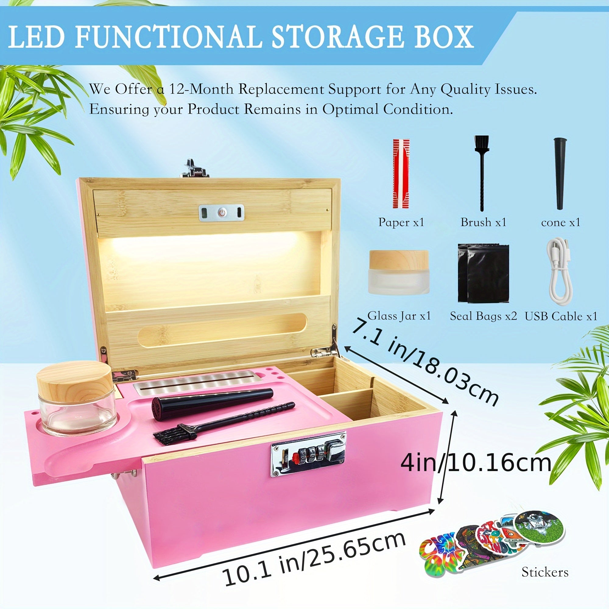 Premium Large Secure Stash Box with LED Light, Lockable Wooden Storage Organizer with Tray & Accessories
