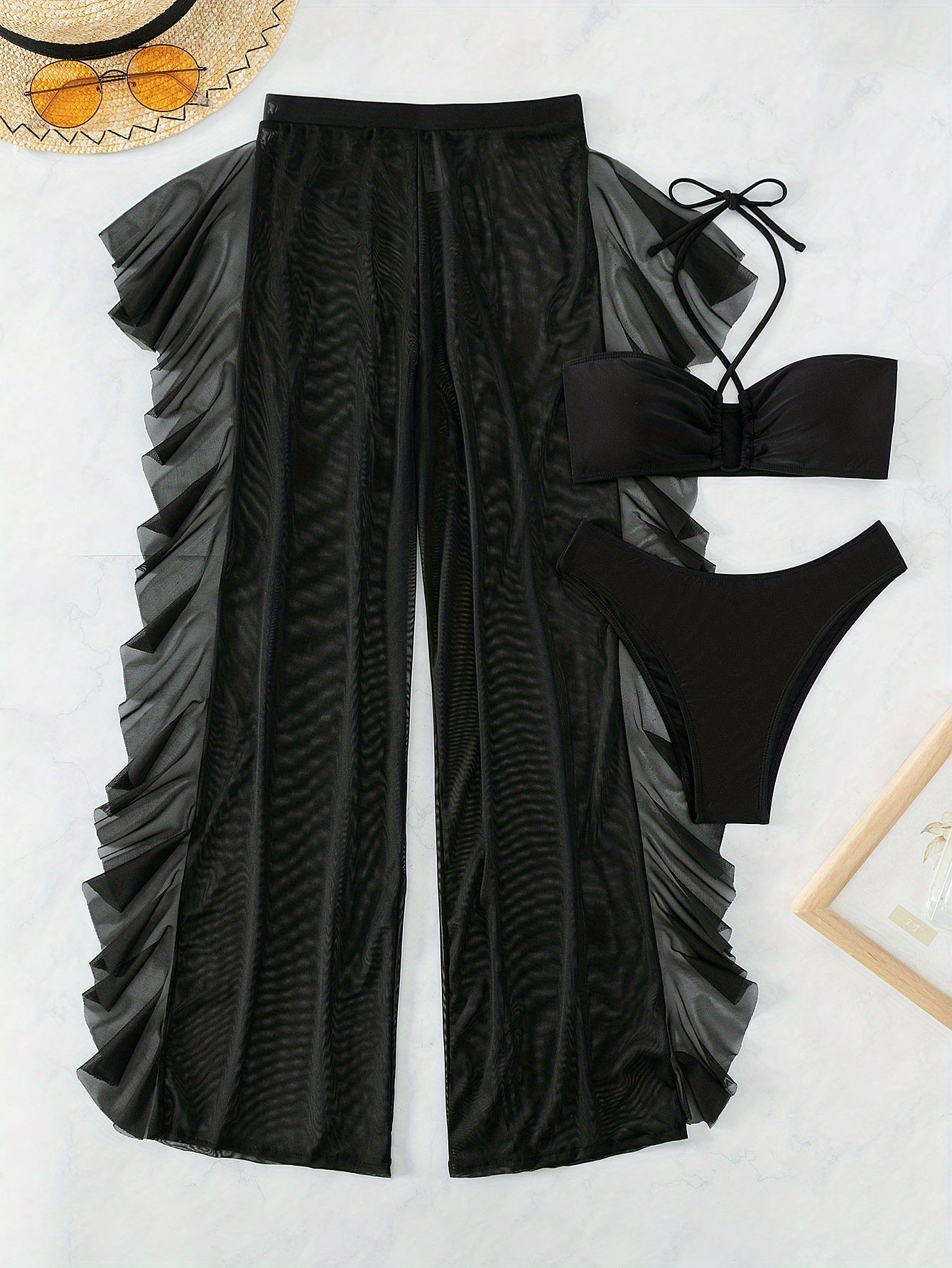 Semi-Sheer Fashion Ruched Crisscross Strap Mesh Panty Bikini Set