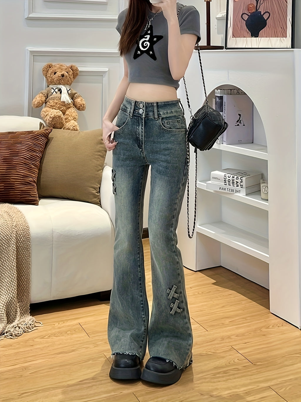Retro Double Button Flared Jeans