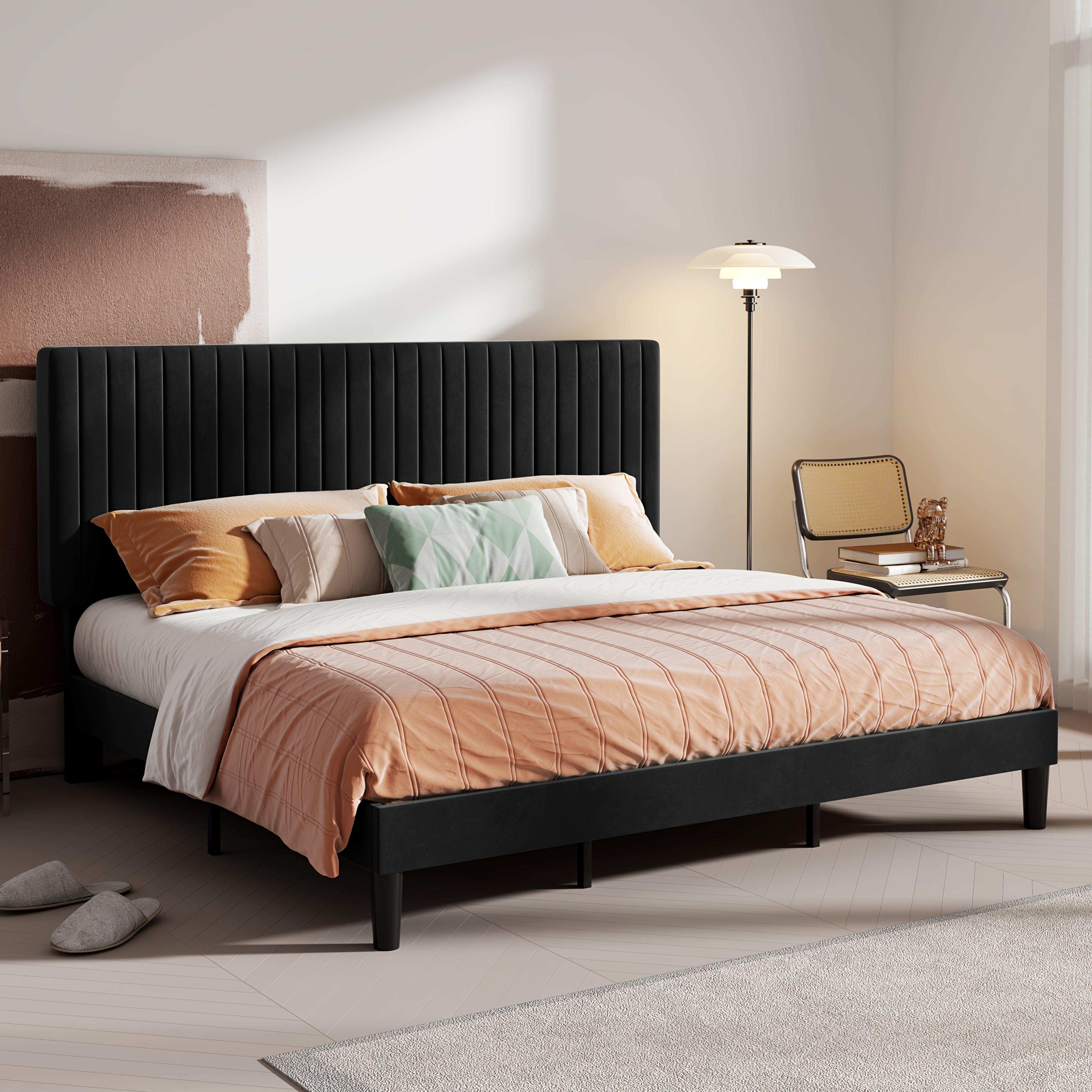 Modern Velvet Upholstered Bed Frame with Adjustable Headboard