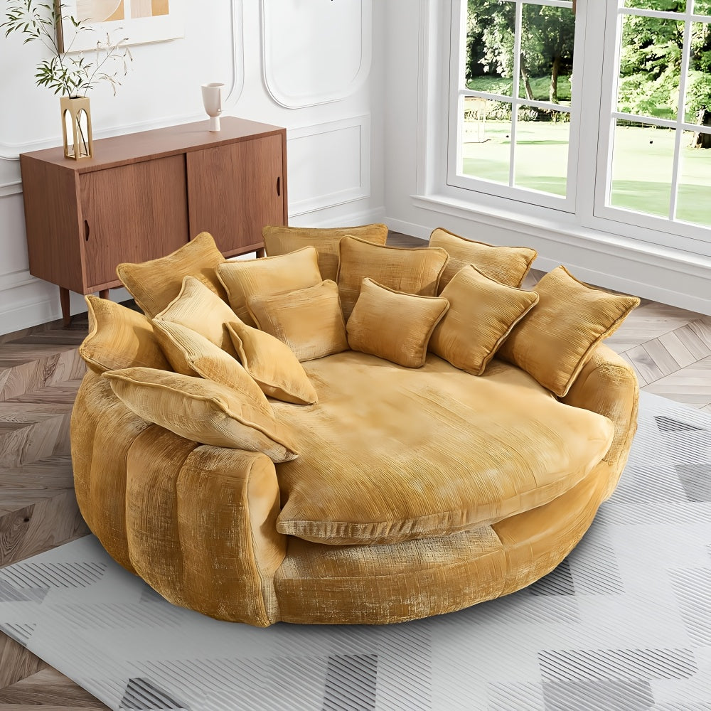 81" Upholstered Chenille Round Sofa Bed with Plush Fluffy Cushion