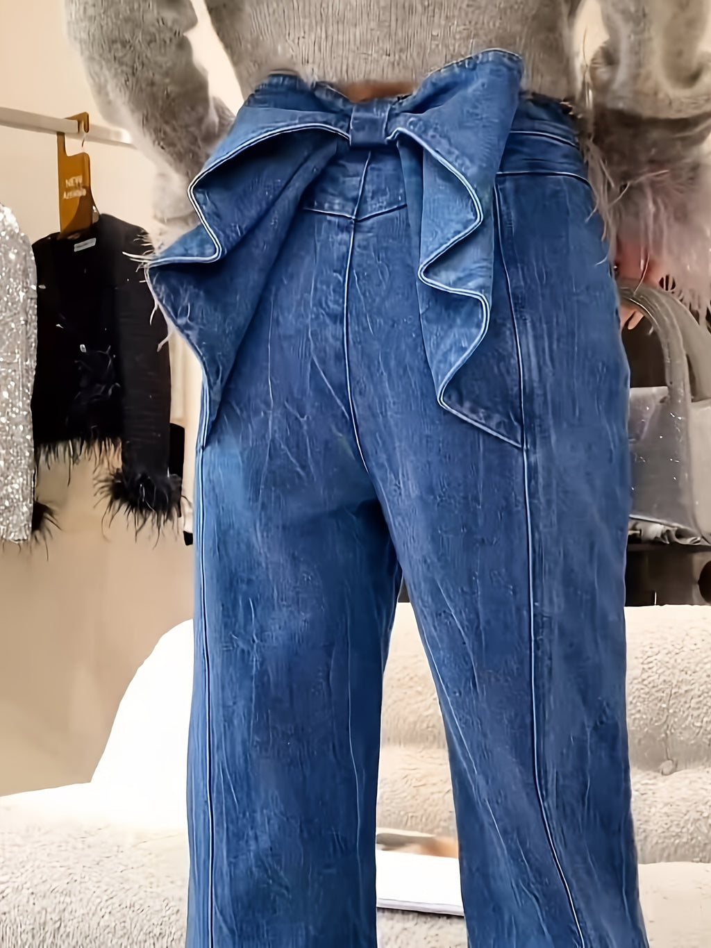 High-Waisted Wide-Leg Jeans with Oversized Back Bow