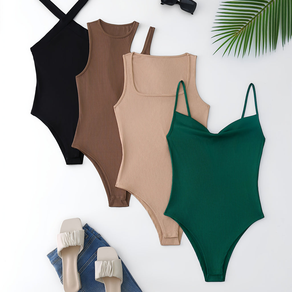 Women's 4pcs Sleeveless Square Neck Crop Top Camisole Cross-Back Bodycon Jumpsuit Set in Various Styles