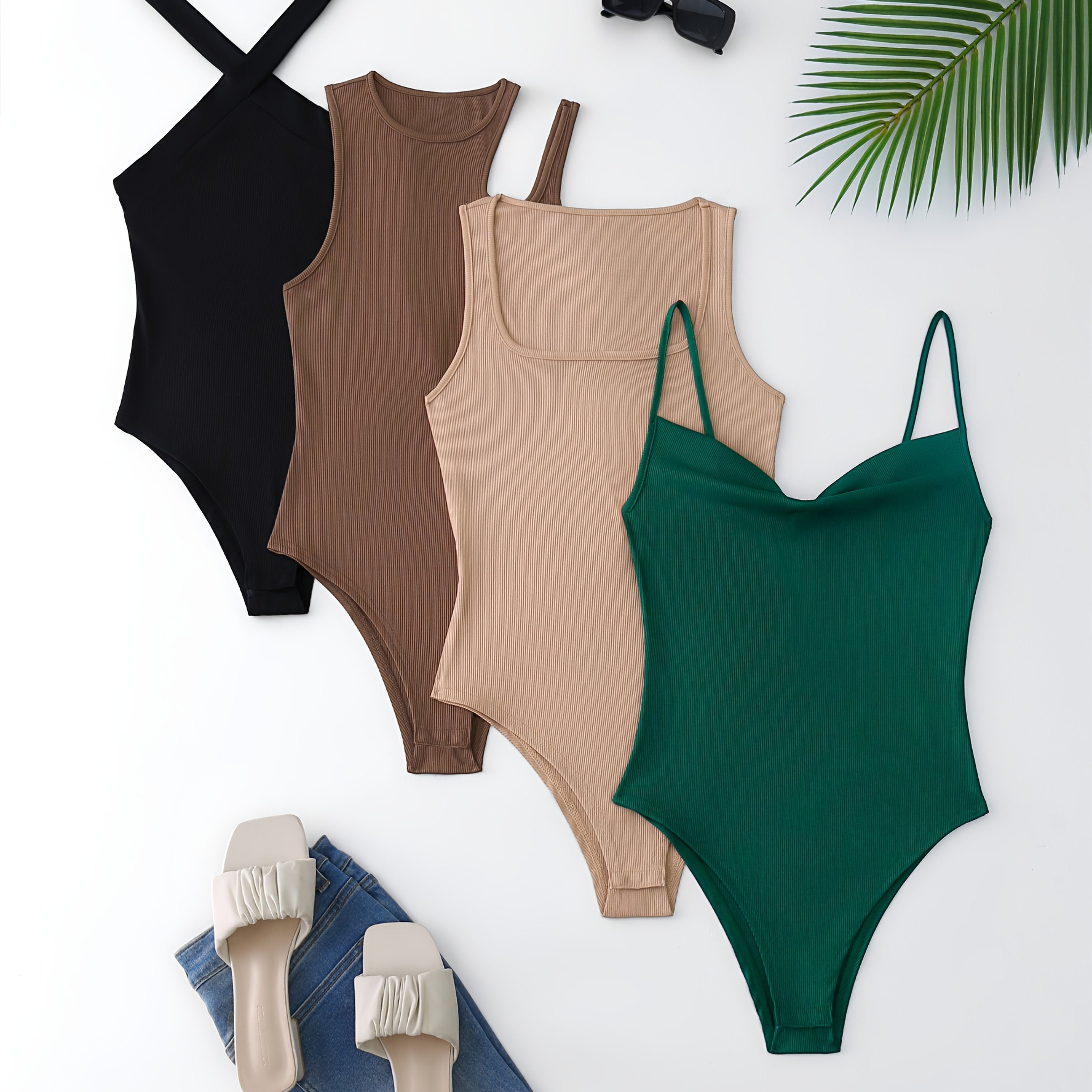 Women's 4pcs Sleeveless Square Neck Crop Top Camisole Cross-Back Bodycon Jumpsuit Set in Various Styles