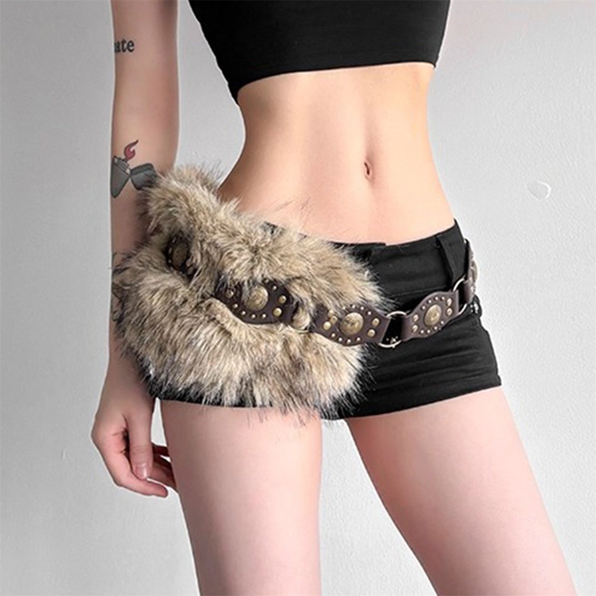 Faux Fur Leather Belt with Pin Buckle & Rivet Accent