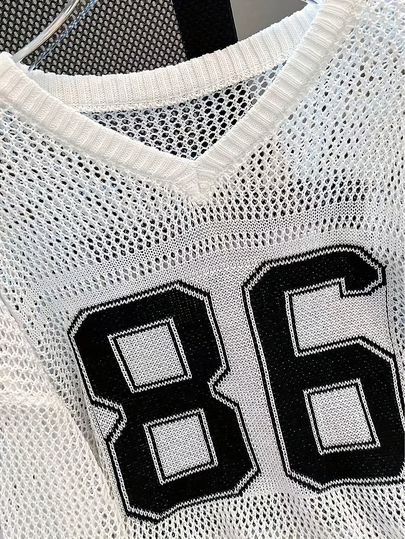 Women's Y2K Sweater - Semi-Sheer V-Neck Long Sleeve Pullover with Number Graphic, Non-Stretchy All-Season Top for Concerts, Parties, Everyday - White & Black Retro 2000s Outfit Essential, Sweater Tops for Women, Colourfull Lo