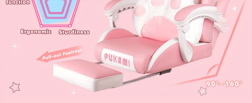 Pink Kawaii Cat Ear Gaming Chair with Paw Cushion