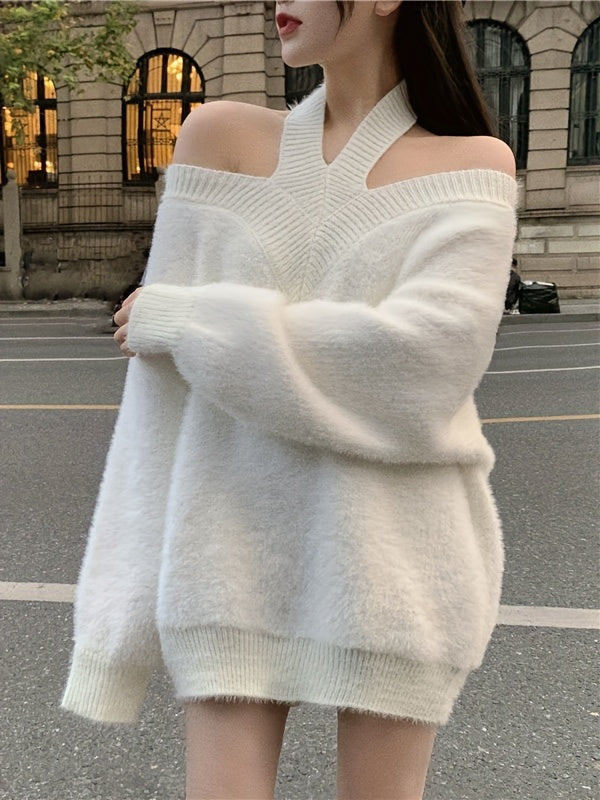 's White Oversized Off-Shoulder Winter Sweater - Collar Long Sleeve Loose Fit Coat Jacket, Reversible Collar Blazer for Fall/Winter, Hand Washable (No Transparency) Office to Party Wear