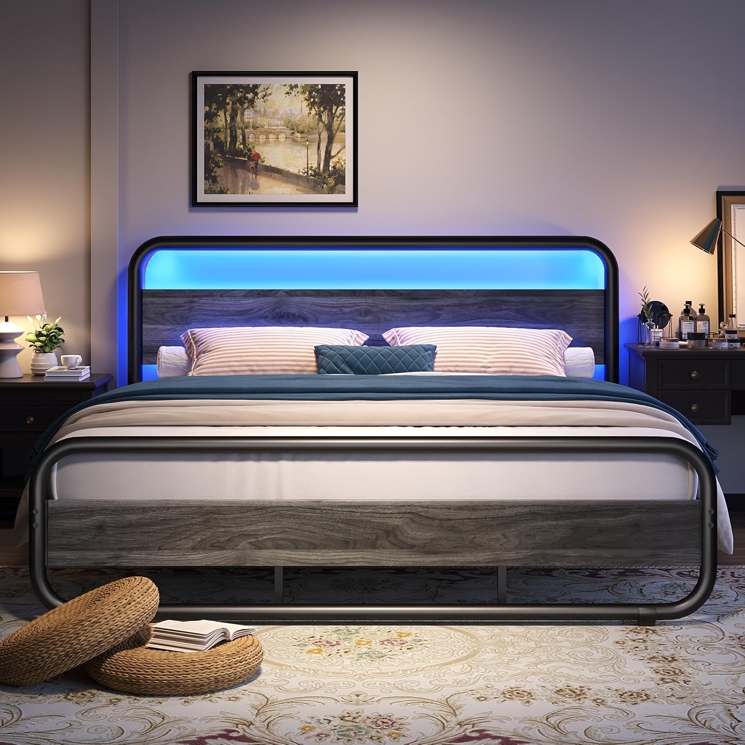 Twin Full Queen King Size Black/Brown/Grey/White Bed Frame with Wood Headboard