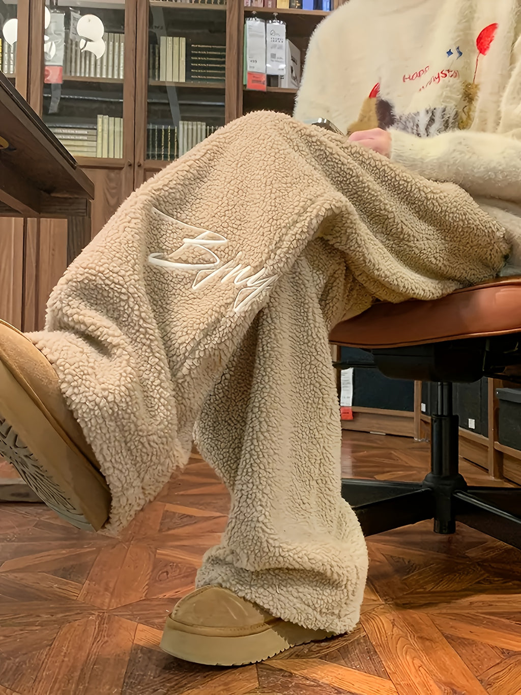 Fleece-Lined Embroidered Casual Pants