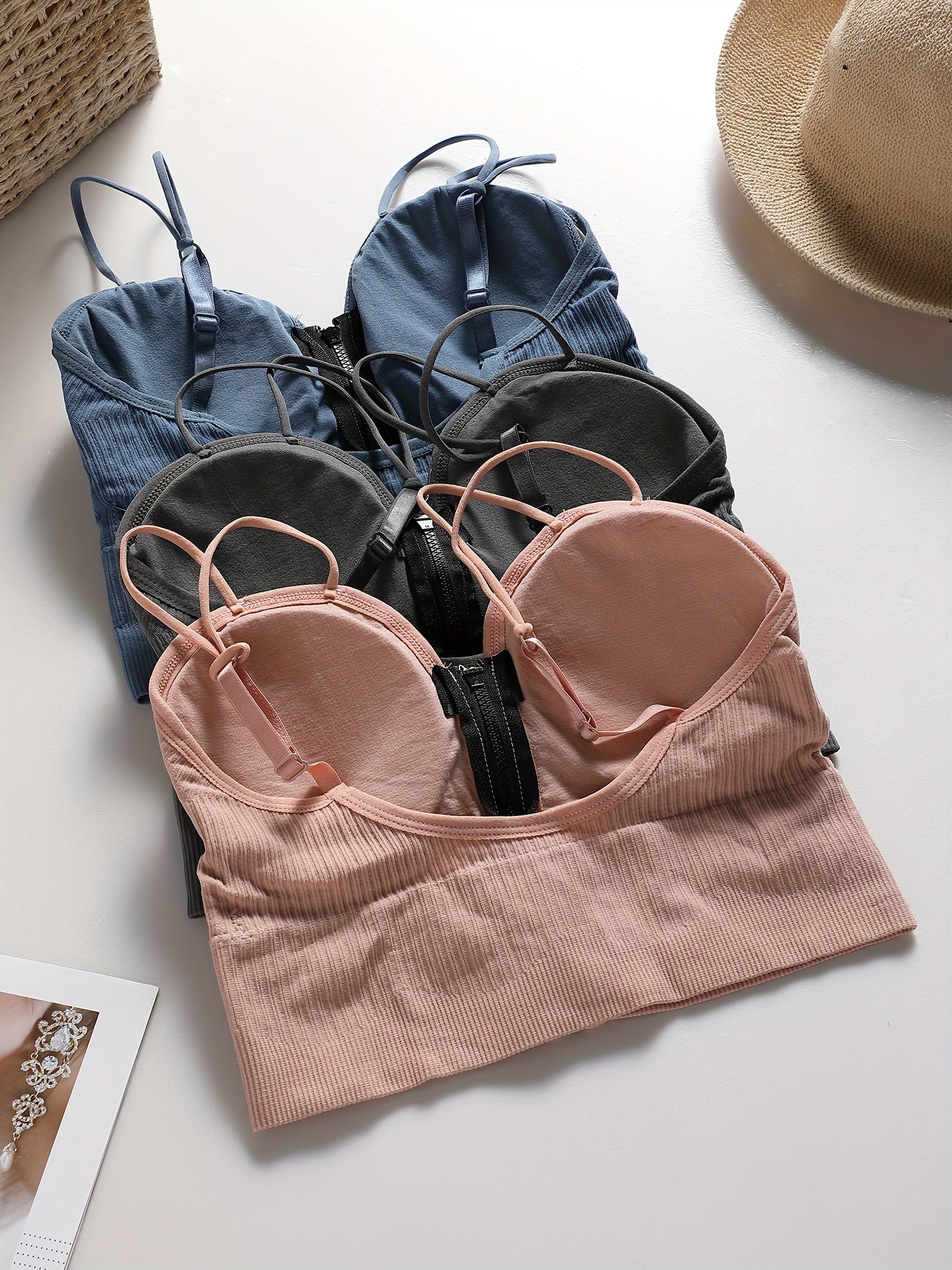 {3pcs} Basic Front-Zip Round Cup Casual Cami Tank Tops