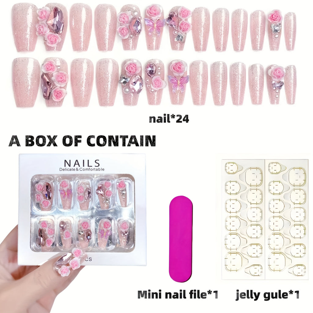 {24pcs} Spring 3D Pink Rose Fake Nails