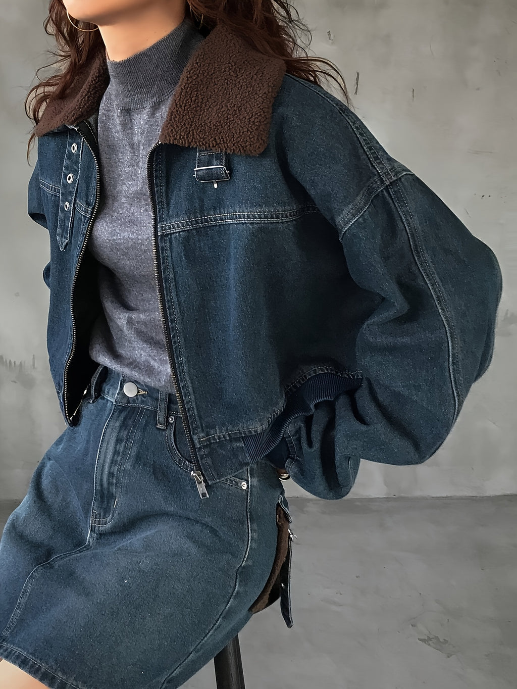 Denim Jacket with Teddy Fleece Collar & Lapel