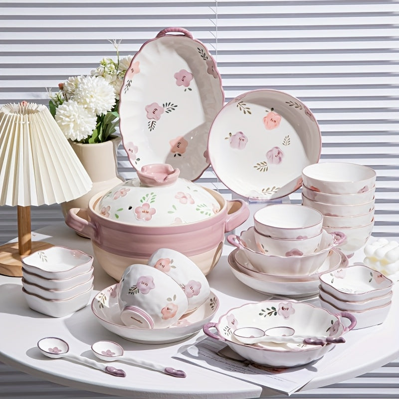 6/8/14pcs Ceramic Tableware, Underglaze Colored Ceramic Tableware Bowls And Plates
