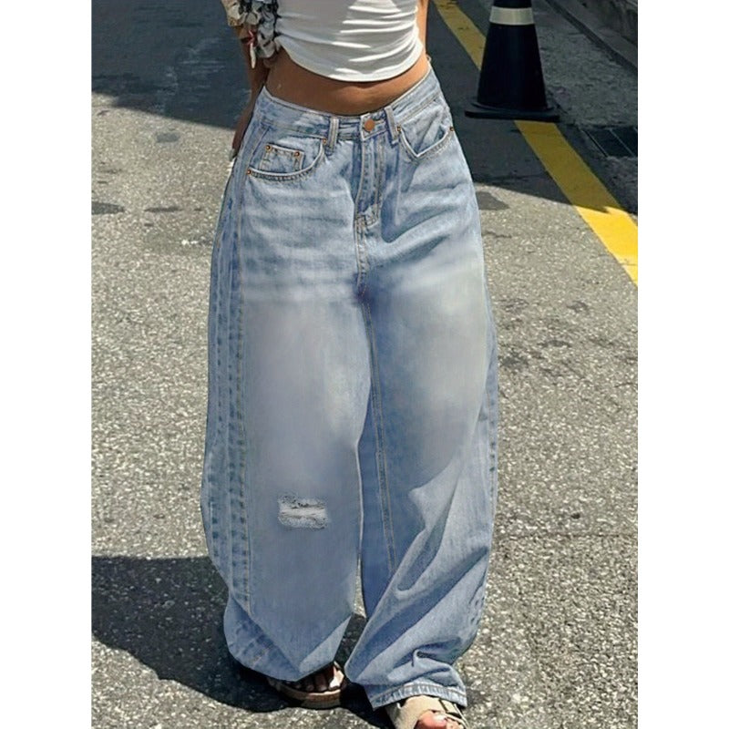 Slashed Straight Light Blue Jeans