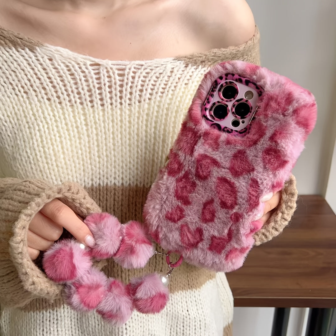 Fluffy Leopard Print iPhone Case with a Wrist Strap