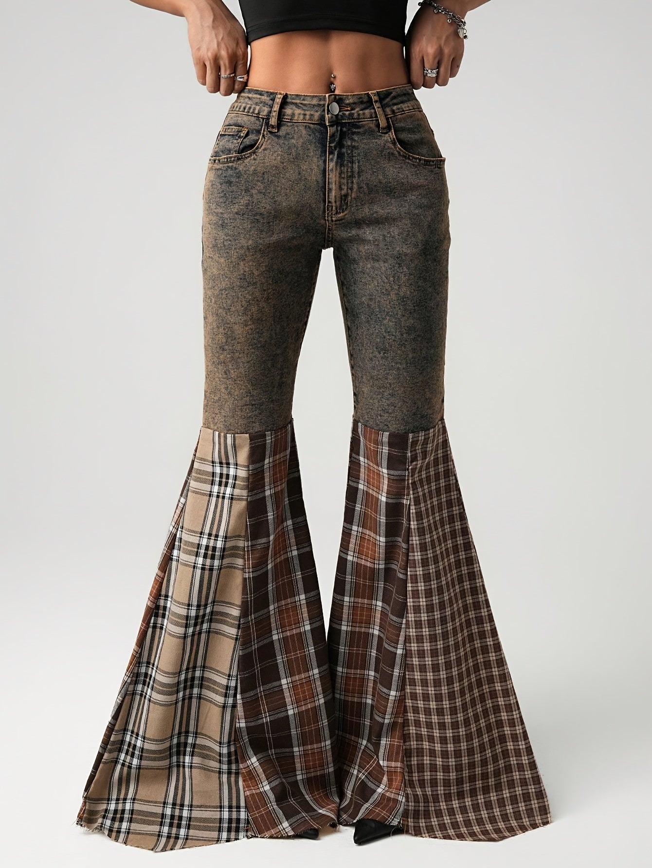 Plaid Patchwork Flared Jeans