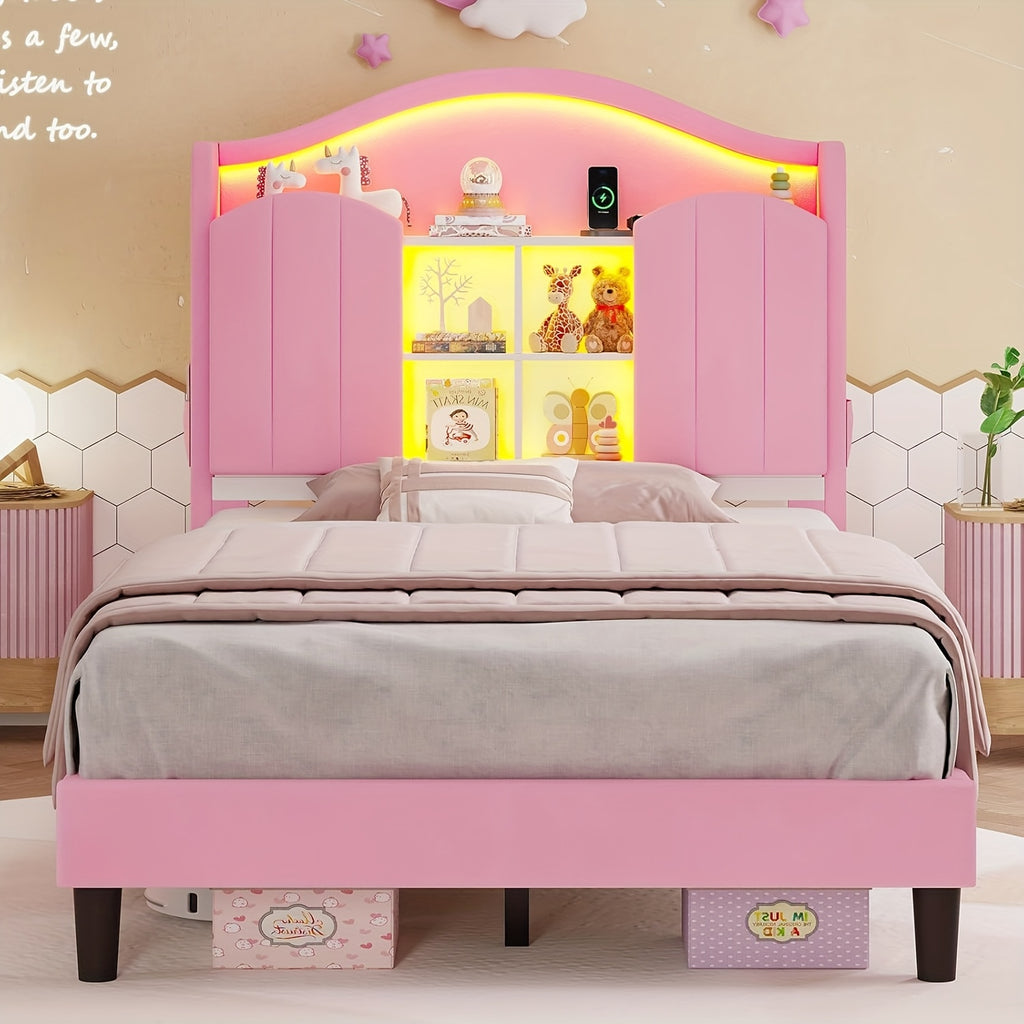 Upholstered Princess Twin Bed with LED Lights & Power Outlts