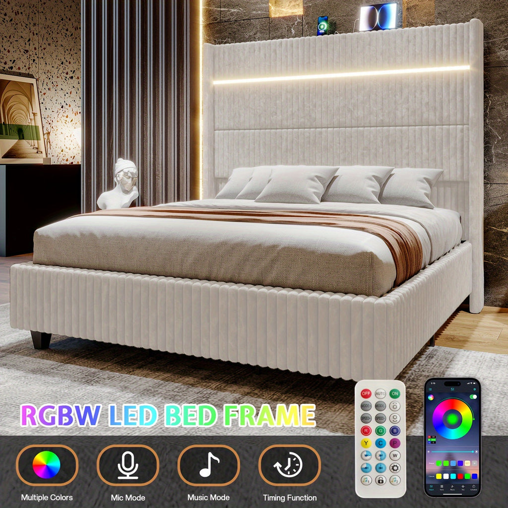 Queen/King Size LED Platform Bed Frame-60" Wingback Corduroy Headboard With USB Charging Station