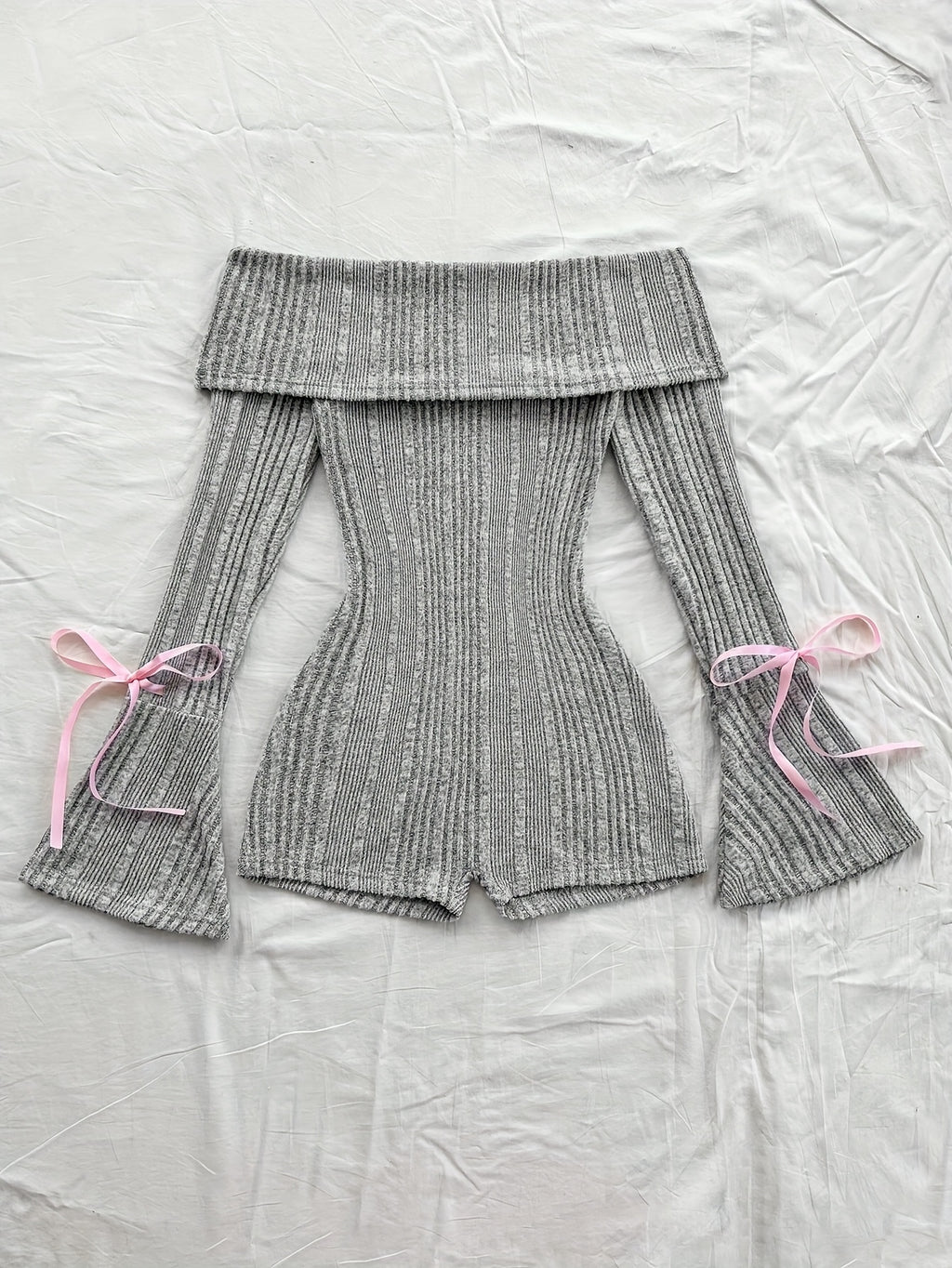 Knitted Ribbed Solid Color Flared Long Sleeve Slim Jumpsuit