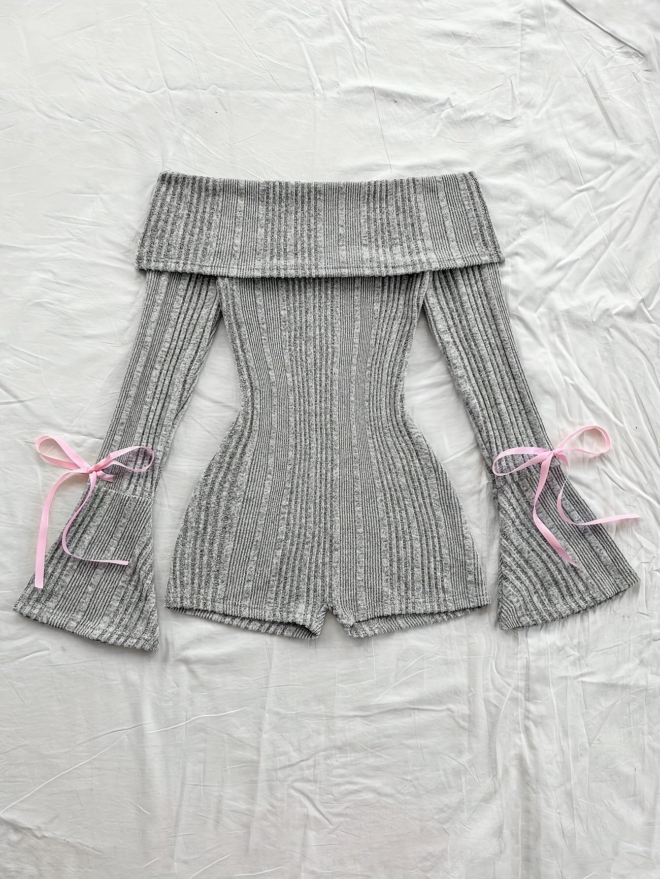 Knitted Ribbed Solid Color Flared Long Sleeve Slim Jumpsuit