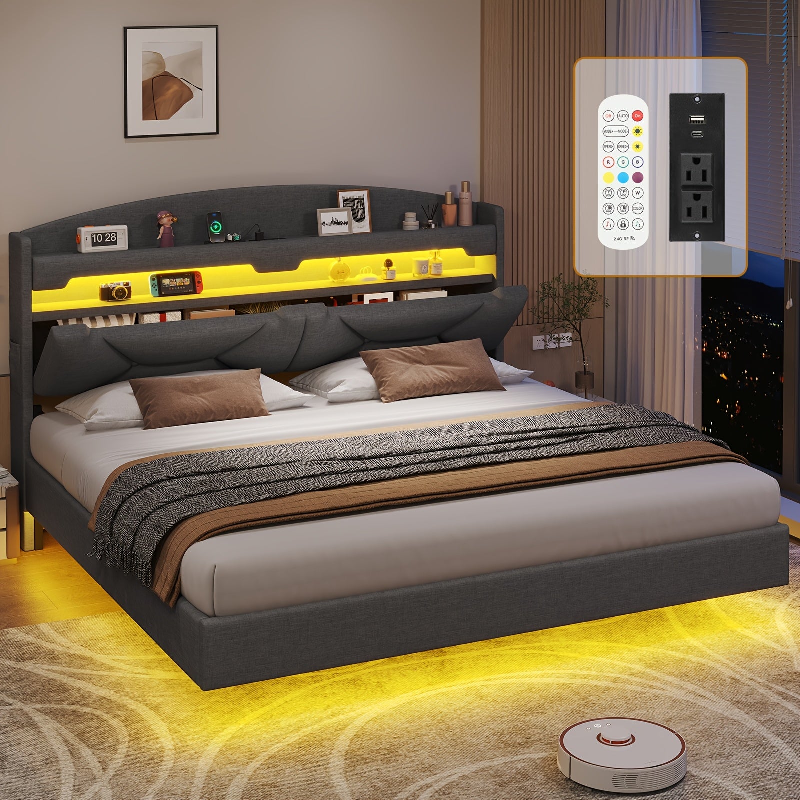 LED Bed Frame with USB Charging Station, Remote Control Floor Mounted Platform Bed with Storage Headboard