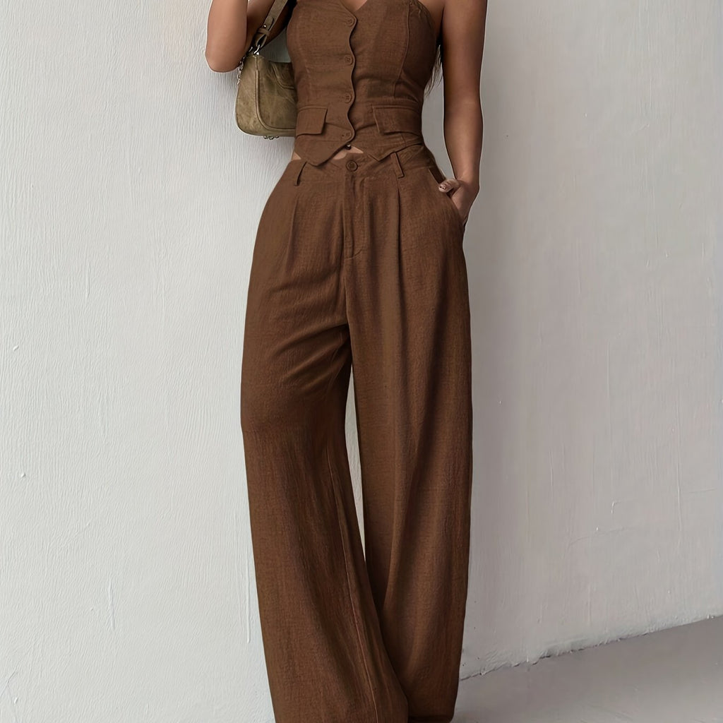 Single-Breasted Corset Top & Wide-Leg Pants Suit