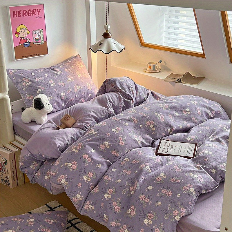 Hibiscus Pattern Fresh Style 4pcs Bedding Set (1 Duvet Cover + 1 Fitted Sheet + 2 Pillowcases)