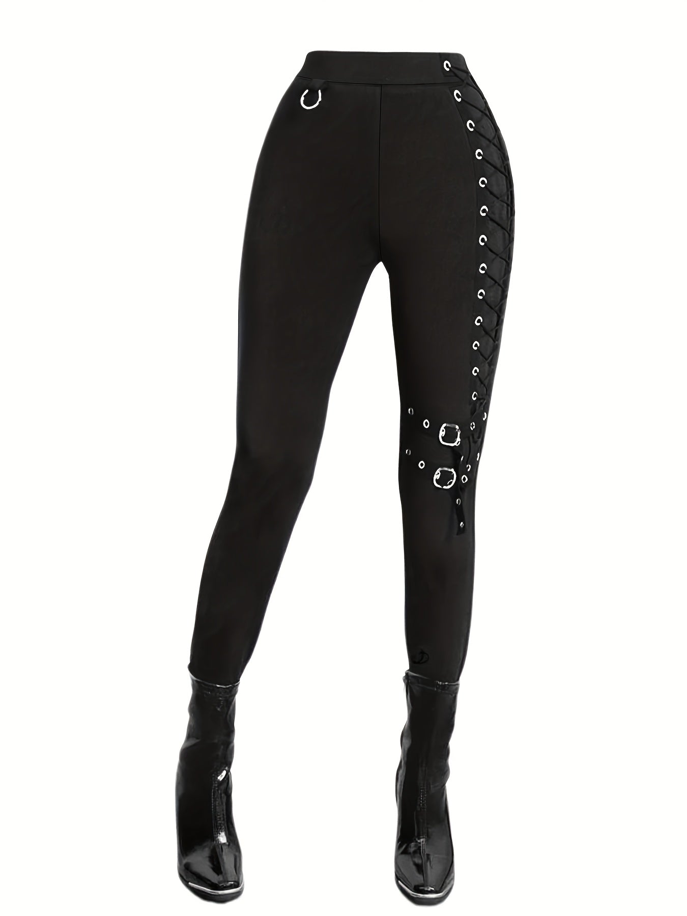 High-Waisted Tight Pants with Cross Strap & Buckle