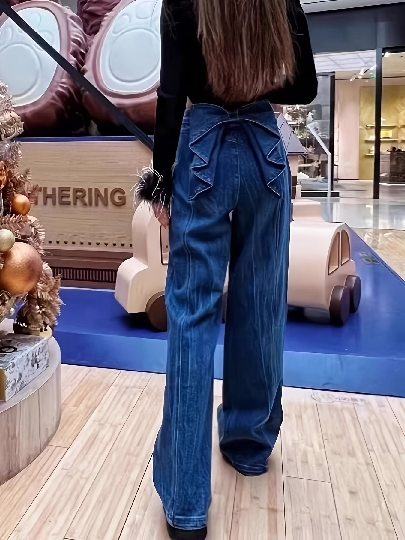 High-Waisted Wide-Leg Jeans with Oversized Back Bow