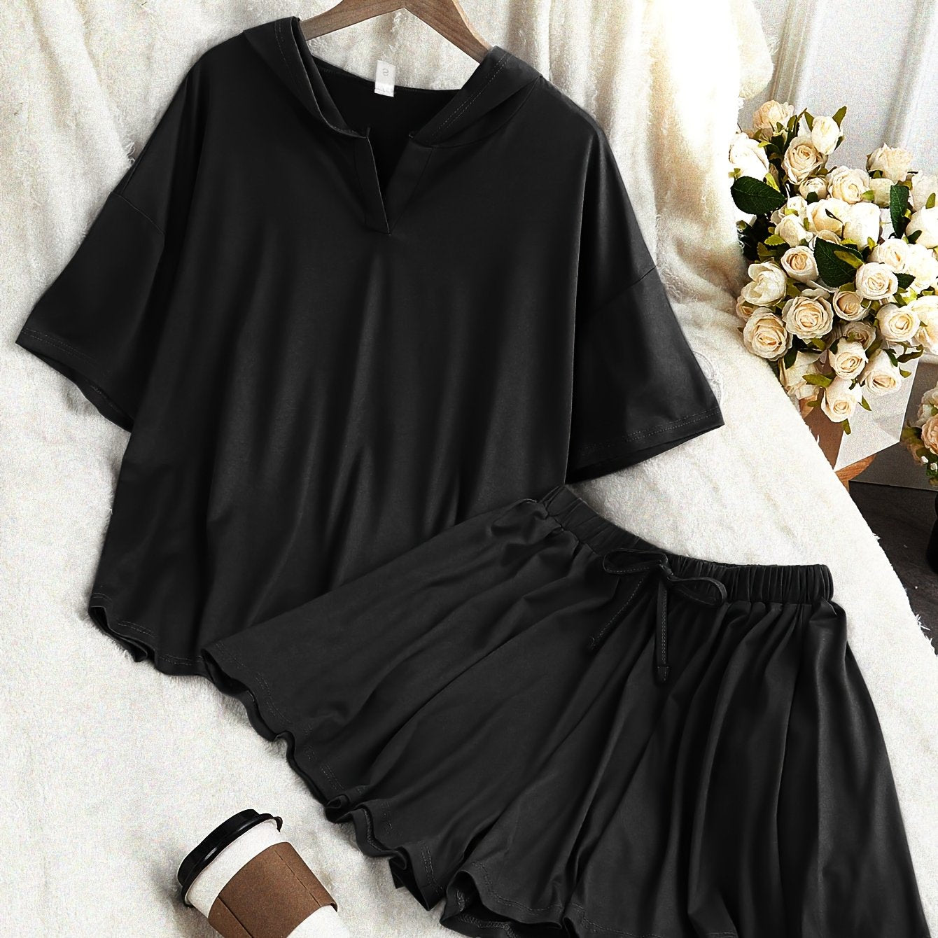 Casual Solid Color Hoodie Sweatshirt and Drawstring Shorts Set