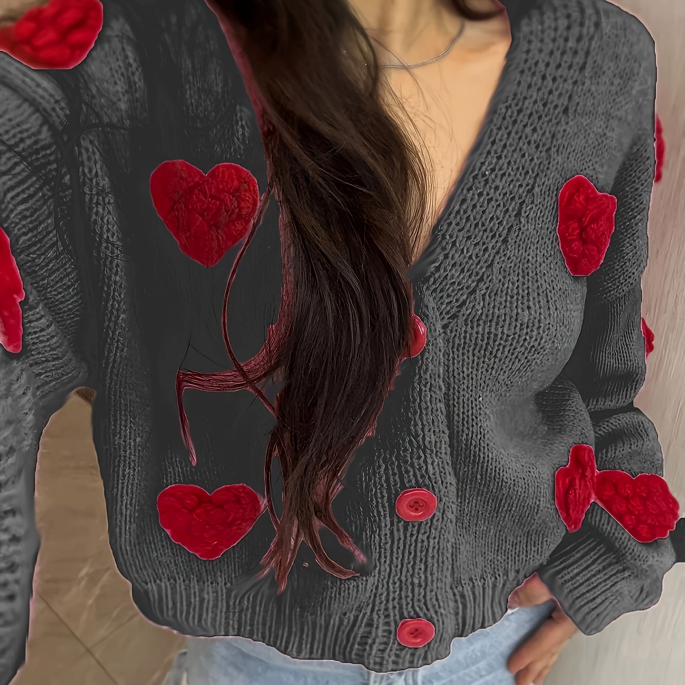 Chic Handmade Heart Pattern V-Neck Cardigan