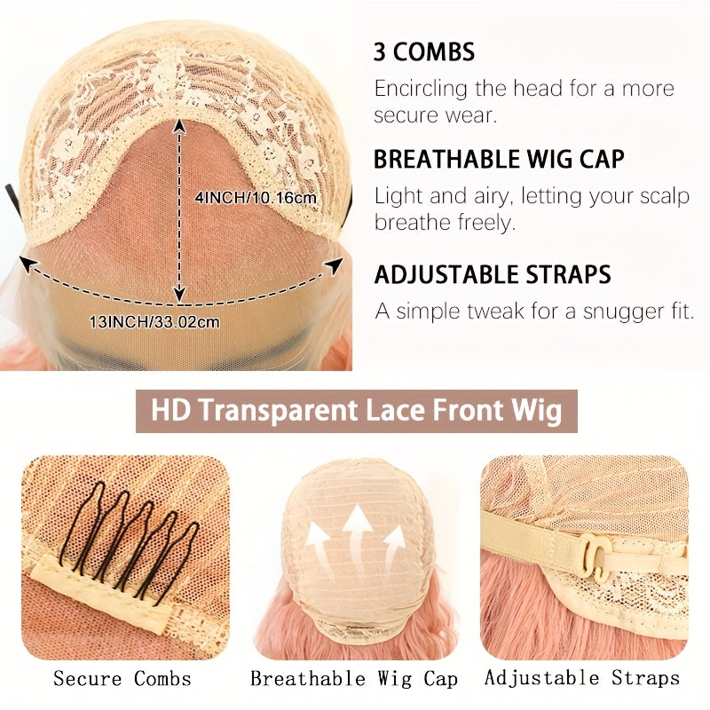 13x4 Pink Wigs Deep Wave Curly Wave Lace Front Wigs HD Lace Glueless Lace Front Wig Pre Plucked Heat Resistant Fiber Wig For Fashion Women Girls Party Vacation Daily Used Valentine'S Day 28inch